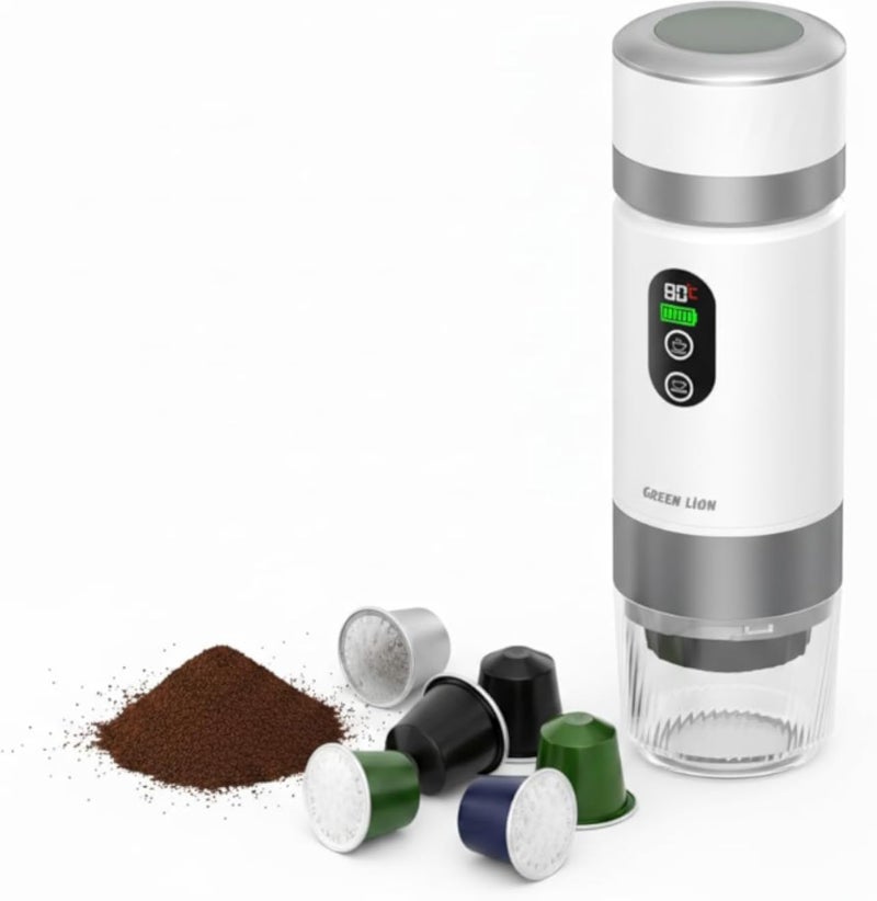 Green Lion Campinas Portable Coffee Maker 80ML, 72W, 6-10M Heating Time, LED Display, 5 Times Hot & 40 Times Cold Brew Cycle, Powder Coffee Holder, Carry Bag, Small & Large Capsule Holder Included